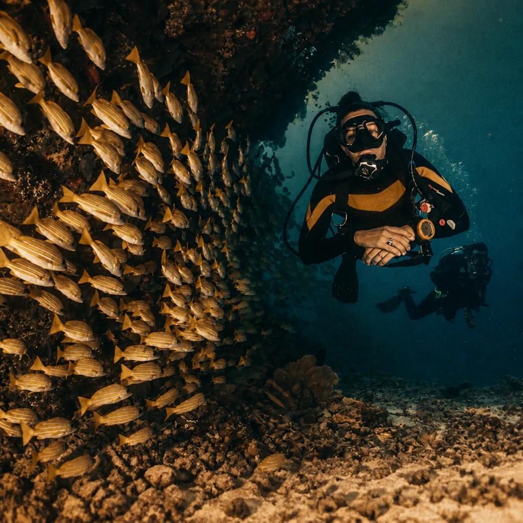 Diver above a Red Sea coral reef teeming with fish
