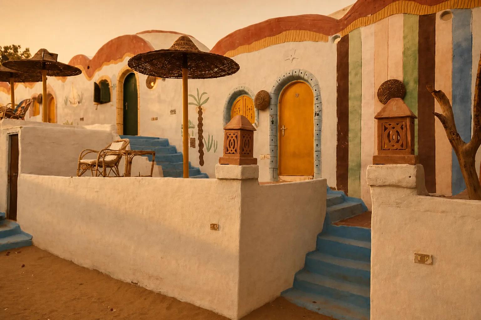 Brightly painted Nubian houses on the west bank at Aswan