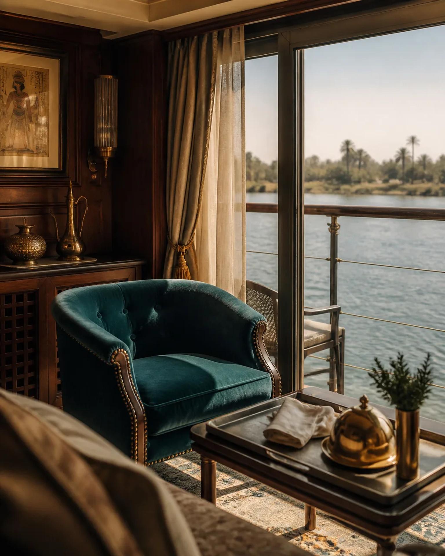 Luxury Nile cruise suite with private balcony over the water