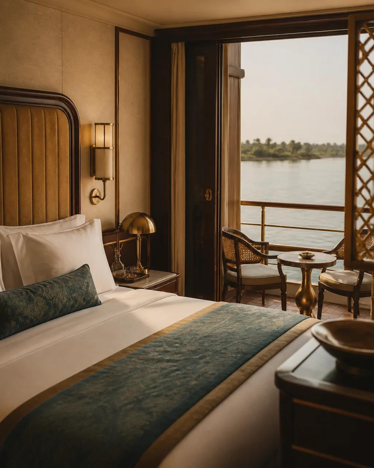 Ultra deluxe Nile cruise restaurant with panoramic river windows