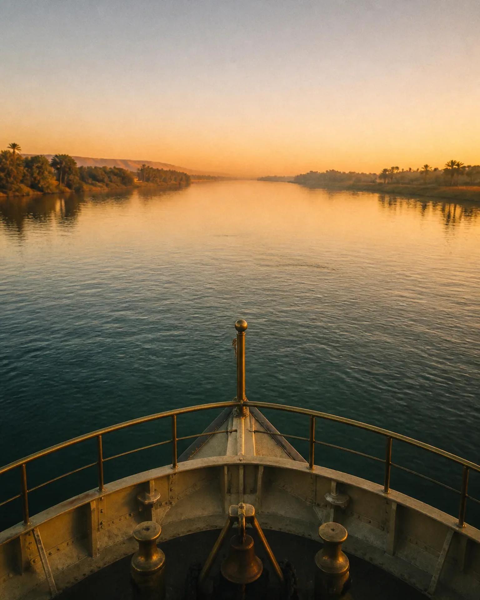 Sunset over the Nile from the bow of a boat sailing south
