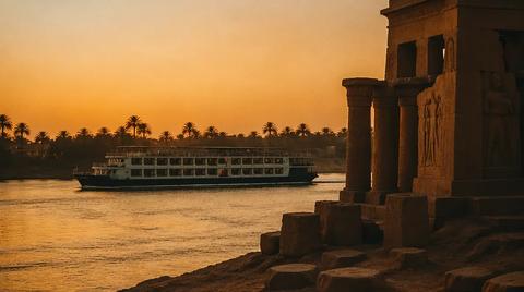 A Nile cruise ship passing a riverside temple at sunset