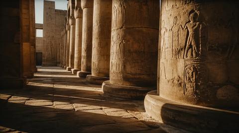 Carved columns in a temple hall, lit low by the sun