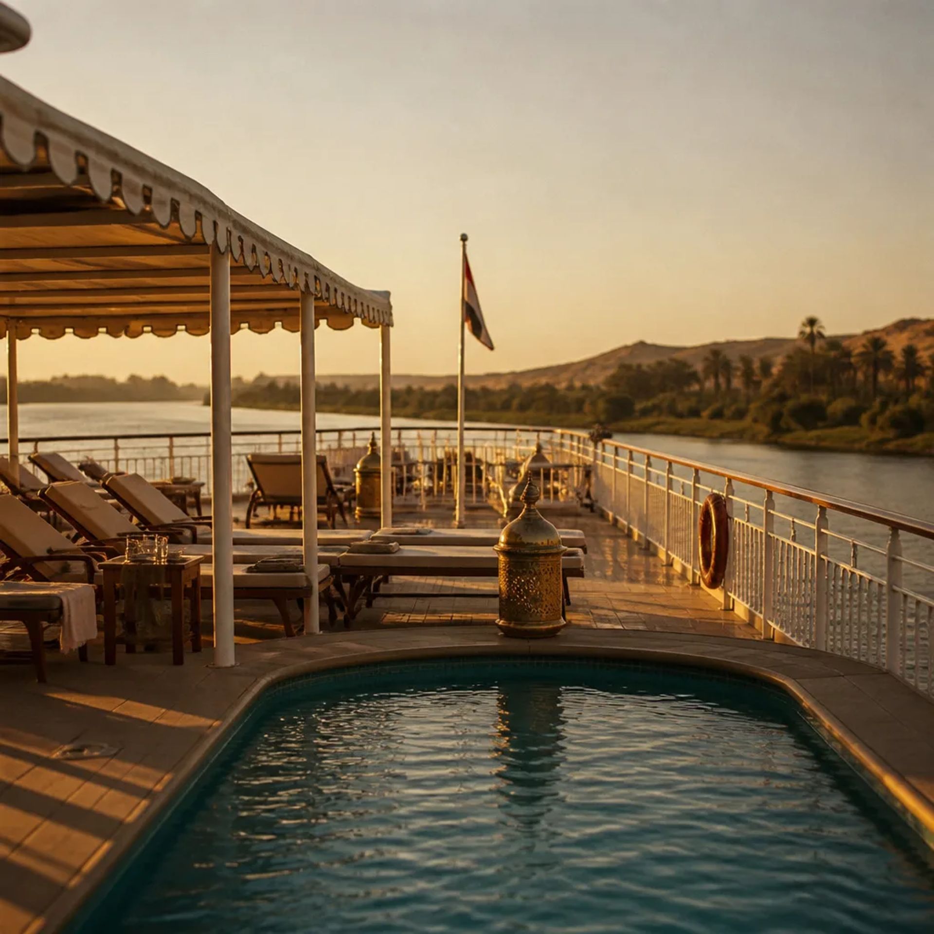 5-star Nile cruise ship sailing the river between Luxor and Aswan