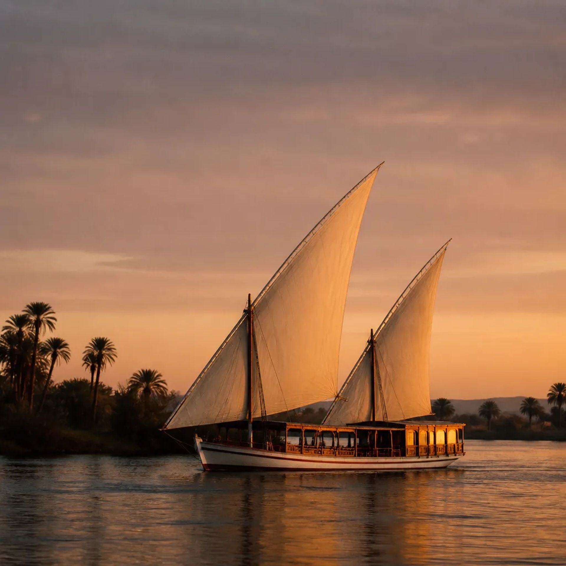 Dahabiya sailing the Nile at golden hour