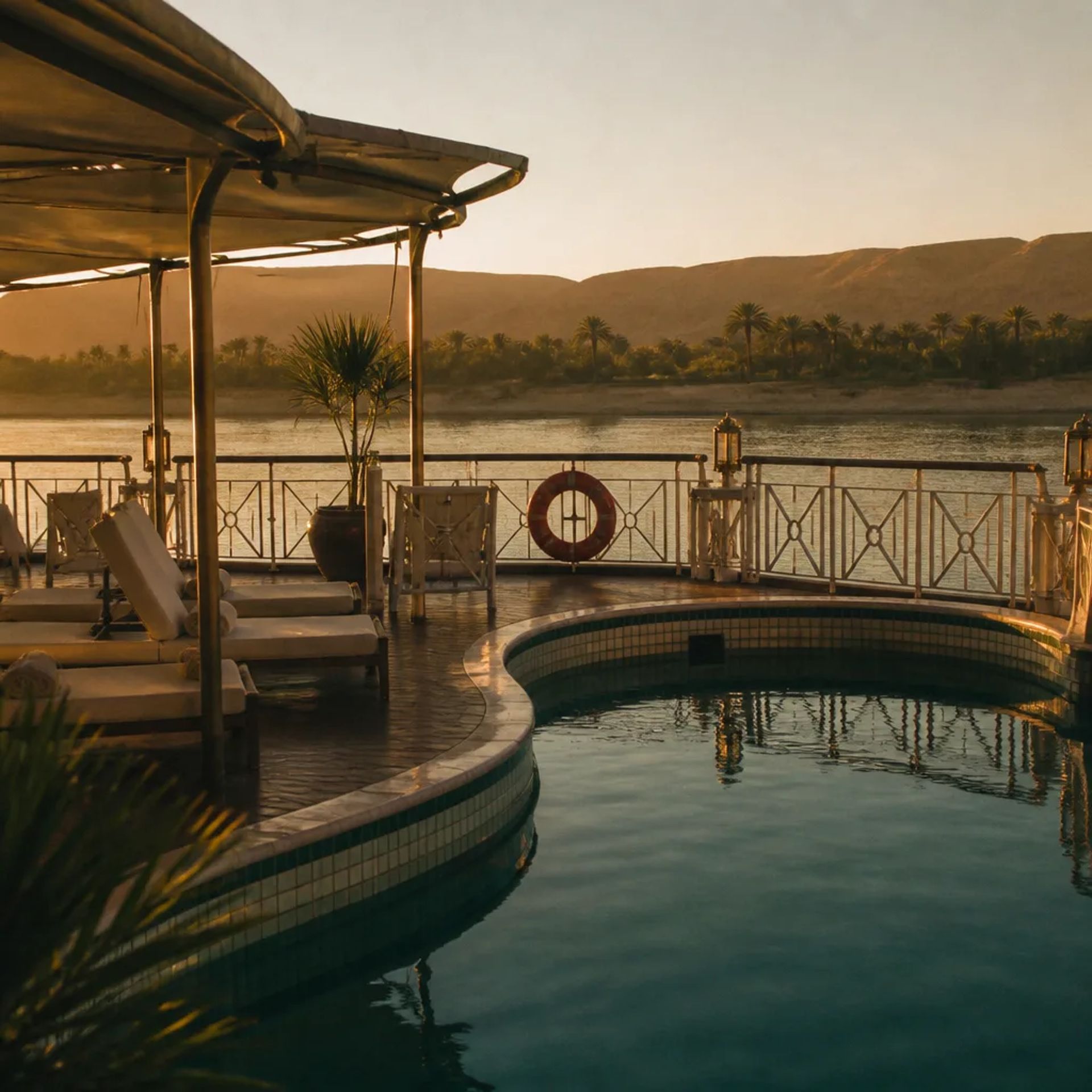 5-star Nile cruise sundeck overlooking the river