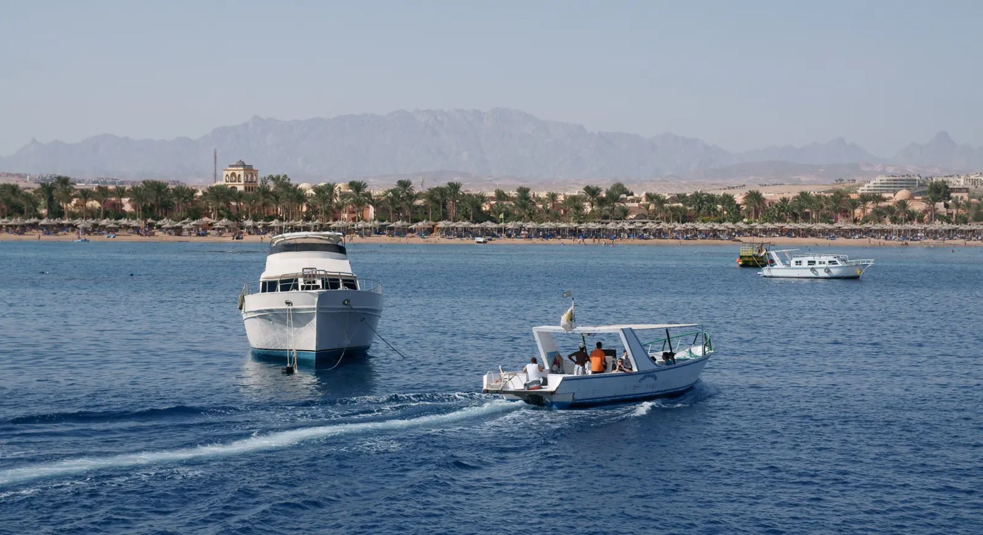 Makadi Bay and its beachfront hotels viewed from the sea