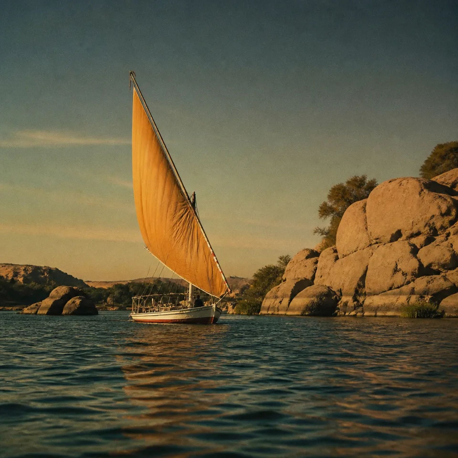 Feluccas on the Nile at Aswan with the desert west bank beyond