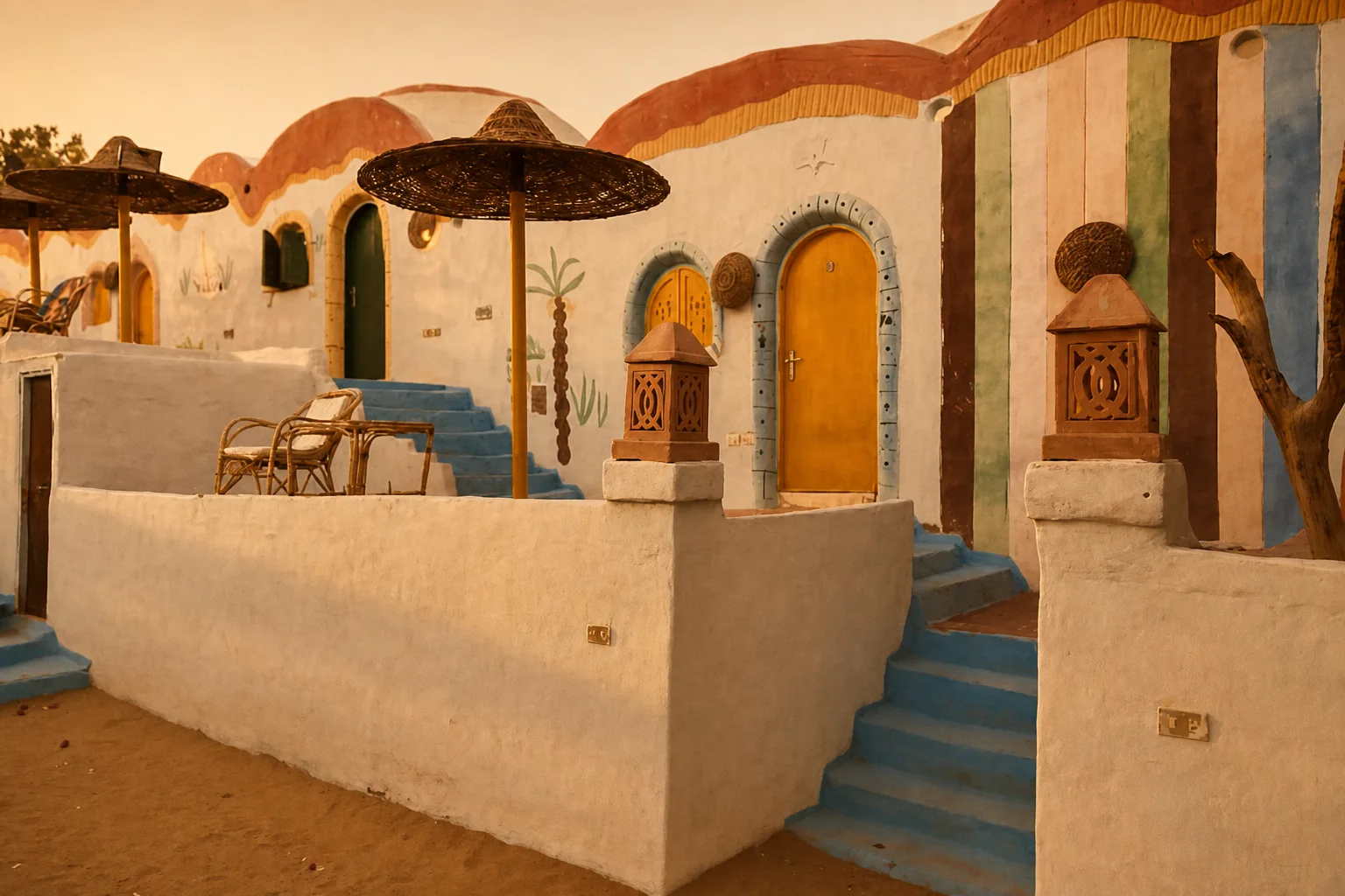 Brightly painted Nubian houses on the west bank at Aswan