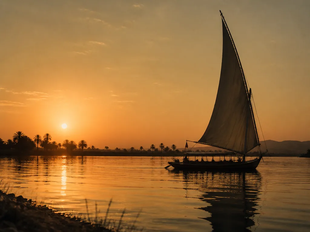 Felucca silhouette on the Nile at sunset – guides on every Discovery Tours Egypt itinerary are licensed Egyptologists