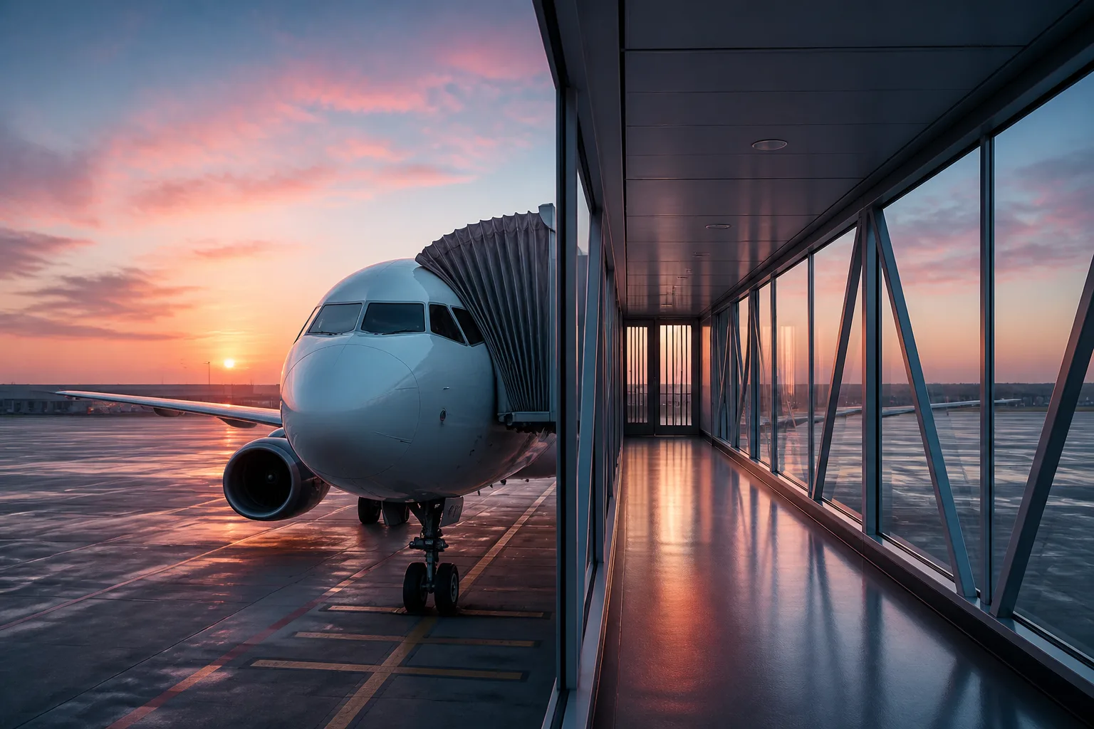 Boarding bridge connecting to an aircraft at dawn, soft pastel sky.