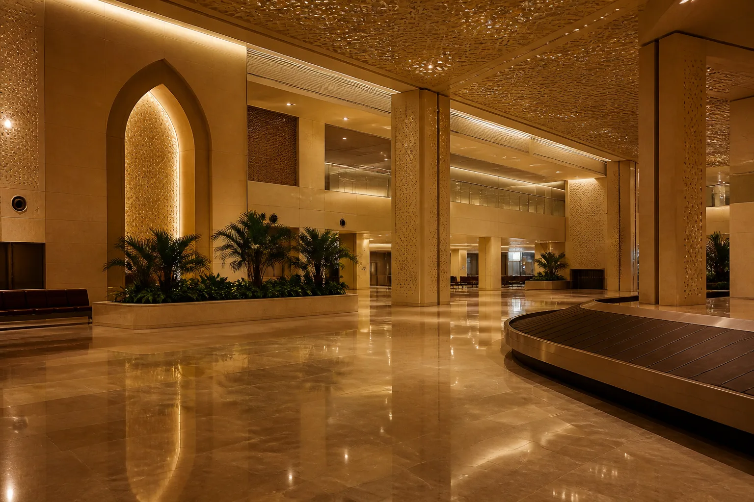 Empty arrivals hall at a major Middle Eastern airport, polished marble floor reflecting overhead lights.