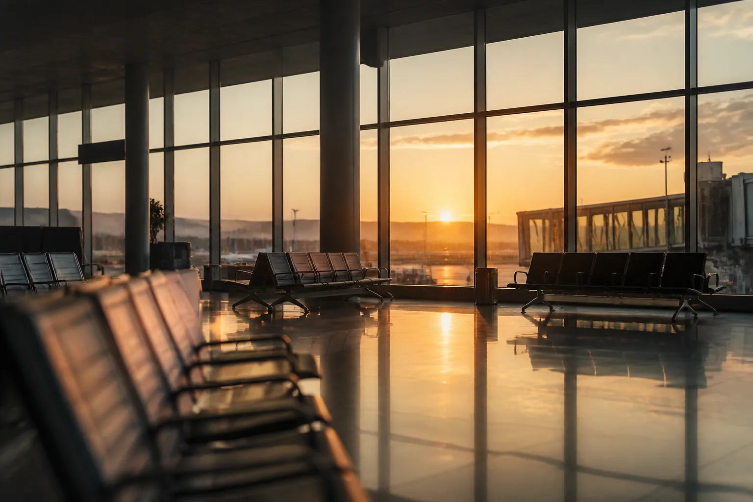 Empty London airport departure gate at sunrise, warm light through tall windows.