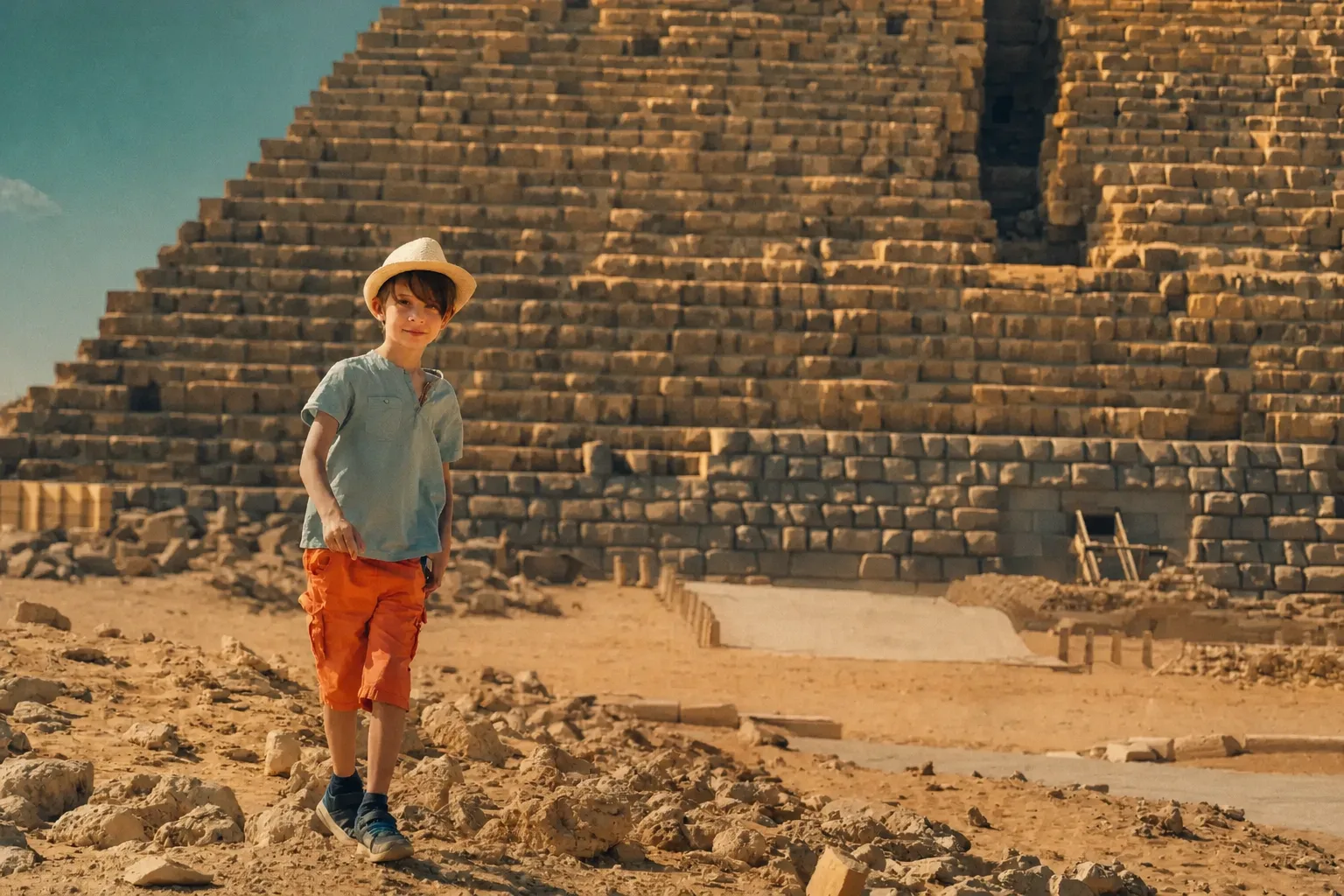 A young boy walking on the Giza plateau in front of the Pyramid of Menkaure, spring morning