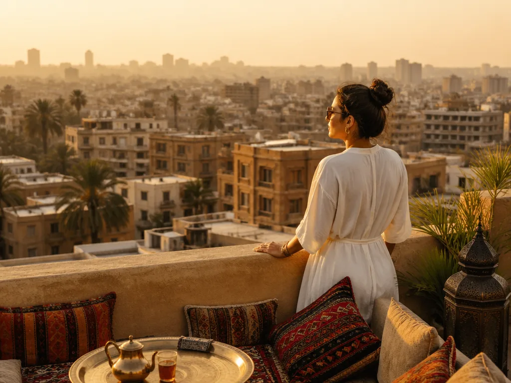 Cairo rooftop at dusk, overlooking the Nile — Egypt Discovery's home city